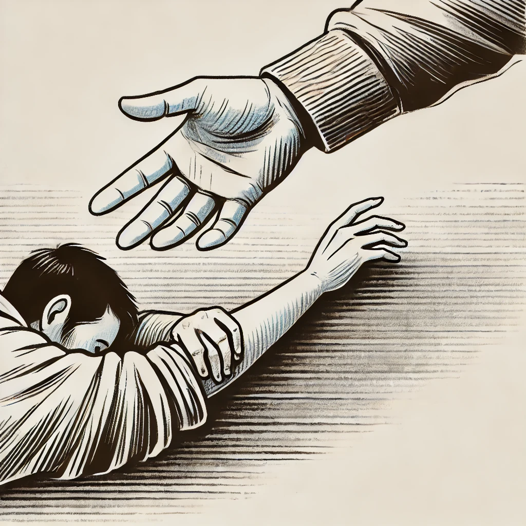 An illustration showing a hand reaching down to a man who appears to be incapacitated and is struggling.